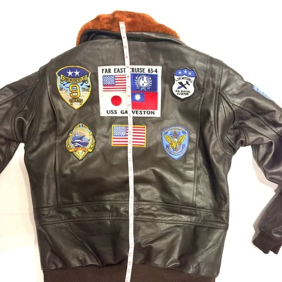 Men's Cockpit Aviator Leather Bomber Jacket with Patches L Large - Picture 8 of 16